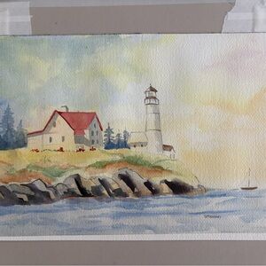 Coastal Lighthouse Watercolor Art Painting